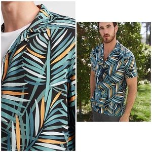 Express Slim Palm Print Rayon Short Sleeve Shirt